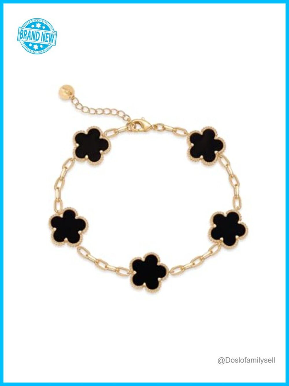 14K Gold Plated Clover Charm Bracelet with Onyx - Adjustable Chain - Trendy